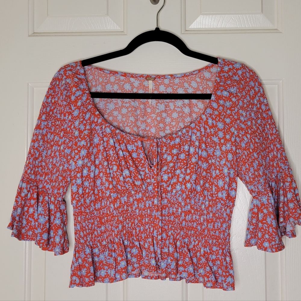 Free People Red and Blue Cottagecore Crop Top